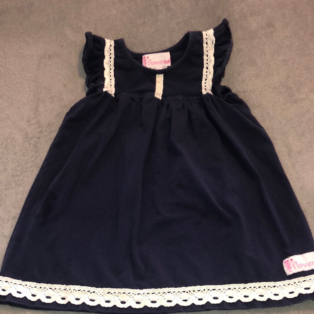 Flowersak Navy Dress Ruffled Sleeves Eyelet Trim size 4
